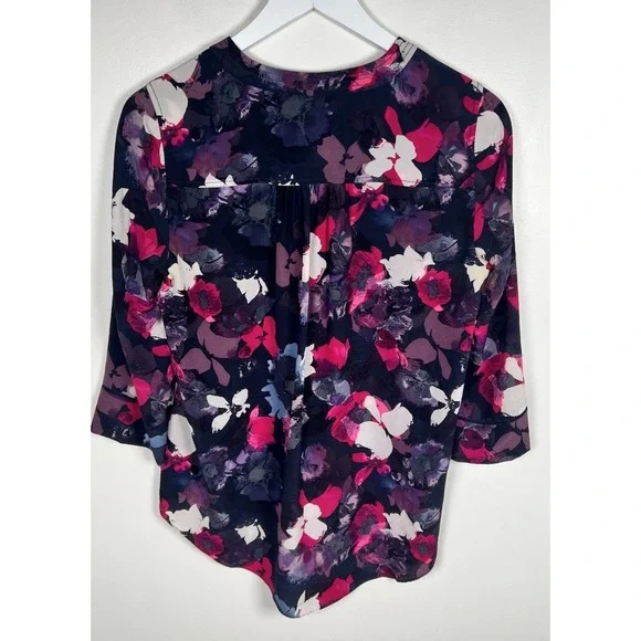 Rebecca Taylor Size‎ 2 Black Floral 100% Silk Tunic Blouse 3/4 Sleeves High Low - Picture 3 of 9